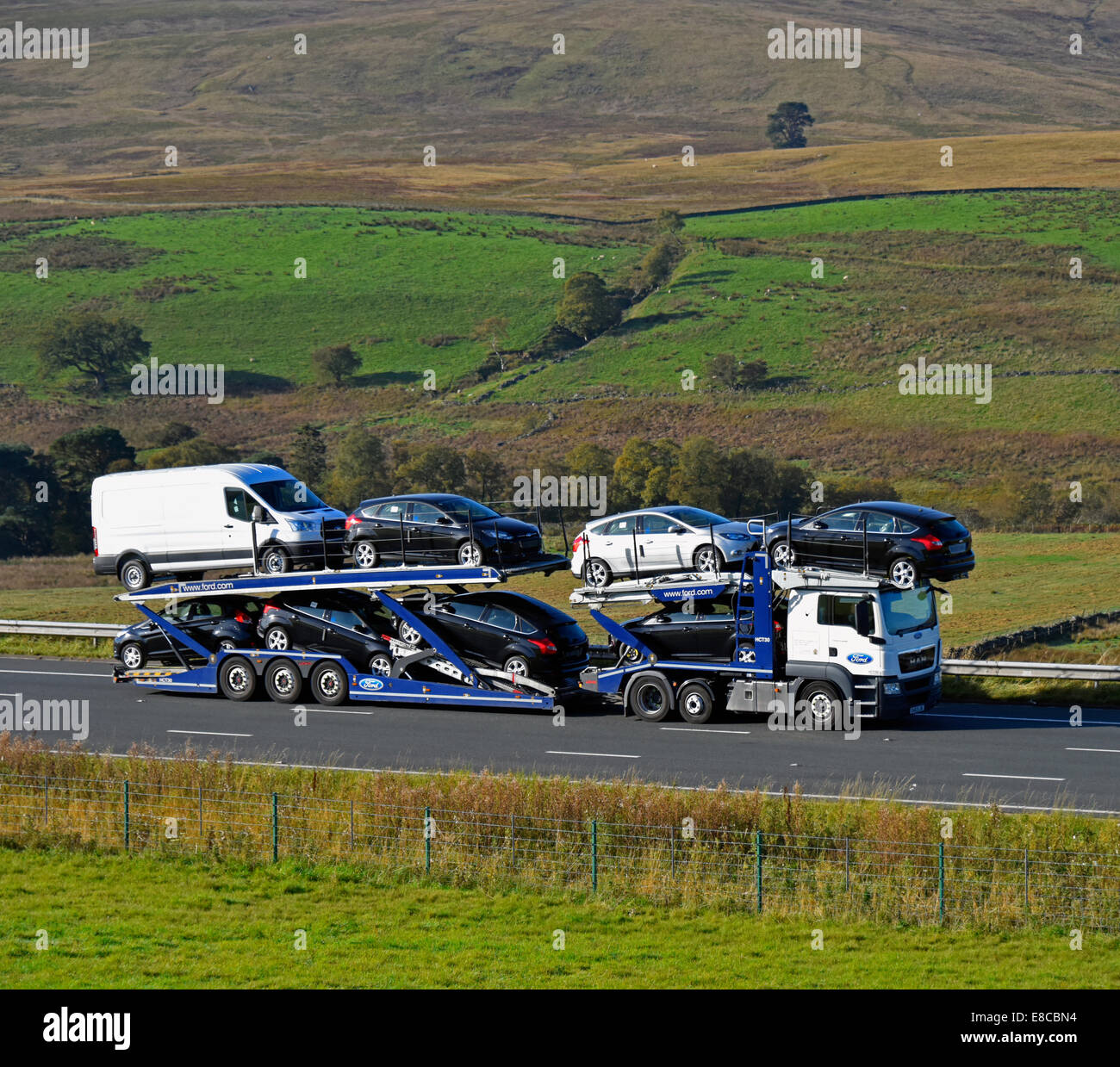Ford car transporter. M6 Motorway, northbound. Shap, Cumbria, England, United Kingdom, Europe. Stock Photo