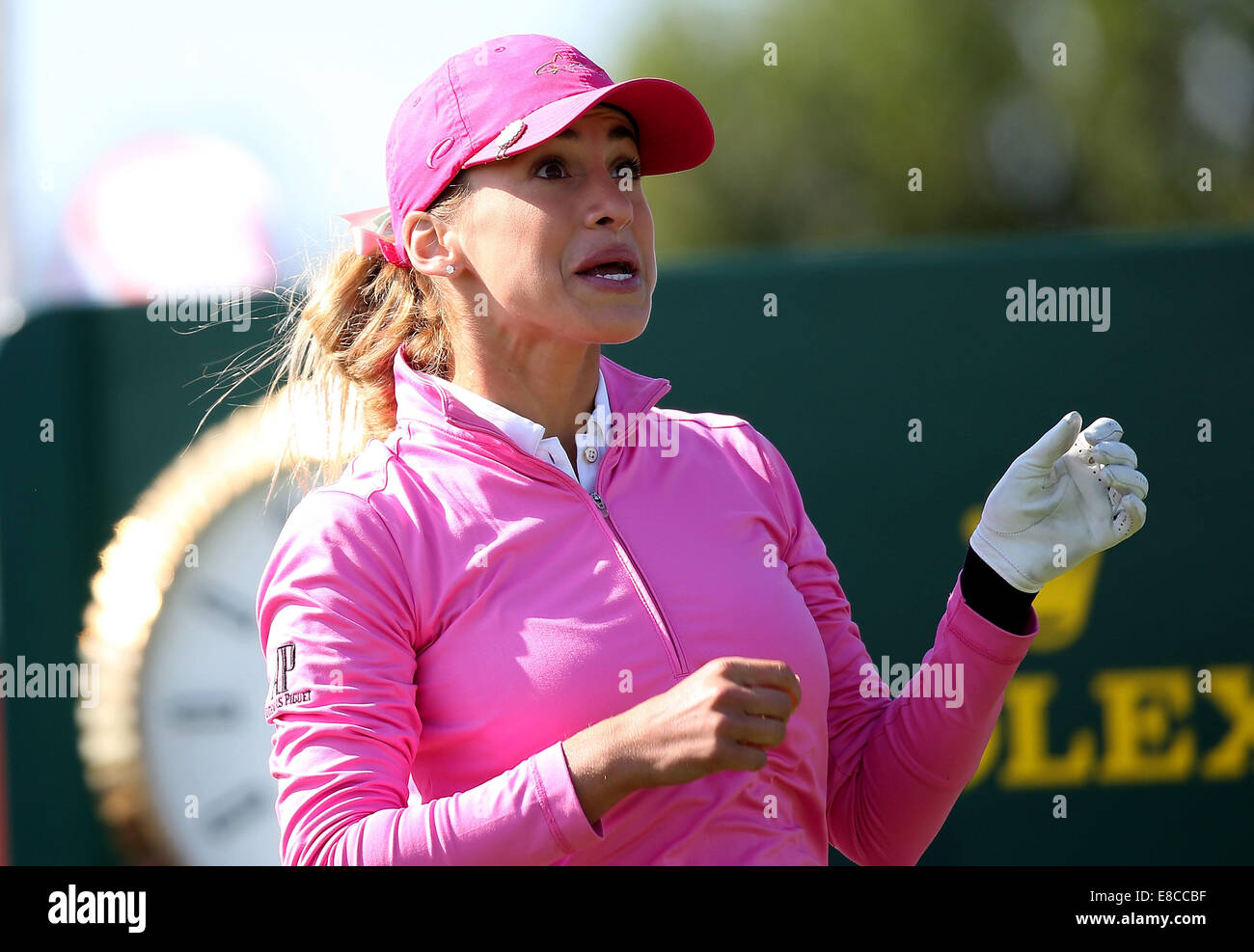 Beijing, China. 5th Oct, 2014. Belen Mozo of Spain reacts to her teeing off during the final round of the 2014 Reignwood LPGA Classic at the Jack Nicklaus-designed Reignwood aPine Valley Golf Club near Beijing, China, on Oct. 5, 2014. Belen Mozo ranked the 15th place. Credit:  Li Ming/Xinhua/Alamy Live News Stock Photo