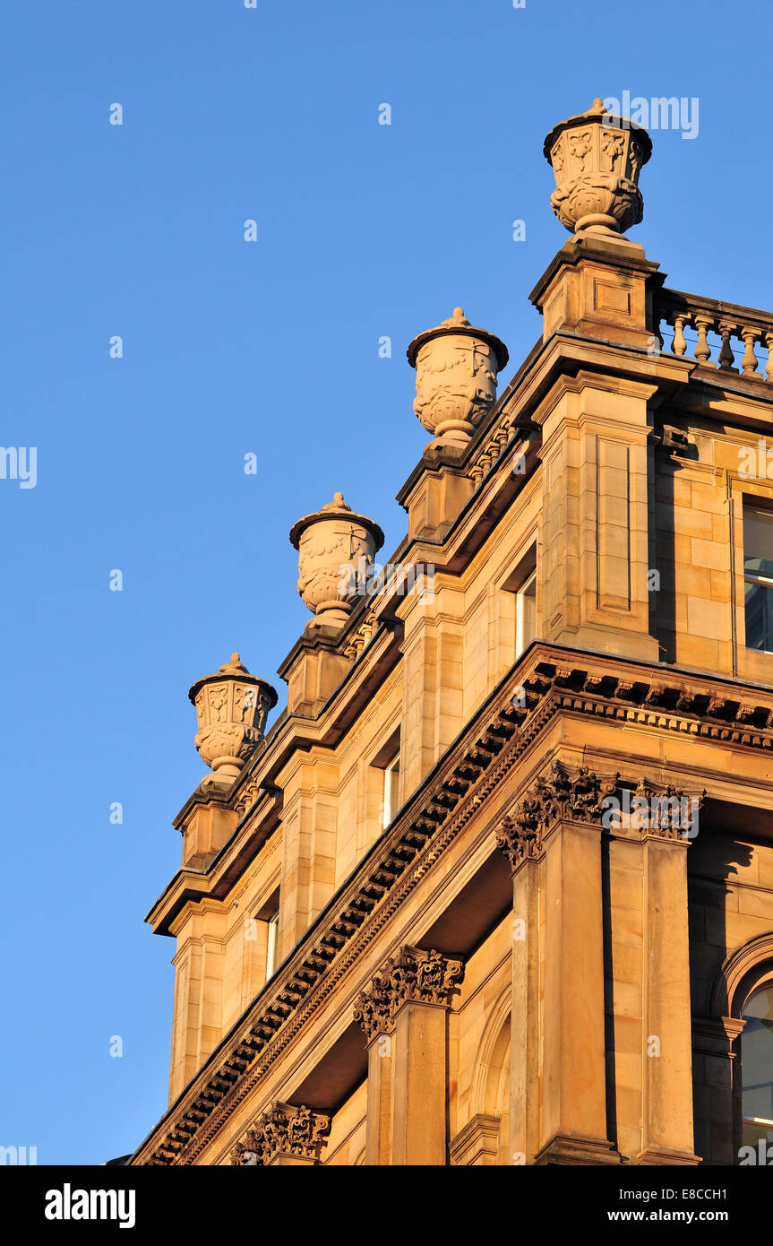 The stonework of the skyline in Edinburgh New Town stands out against the summer sky on a June evening. Stock Photo