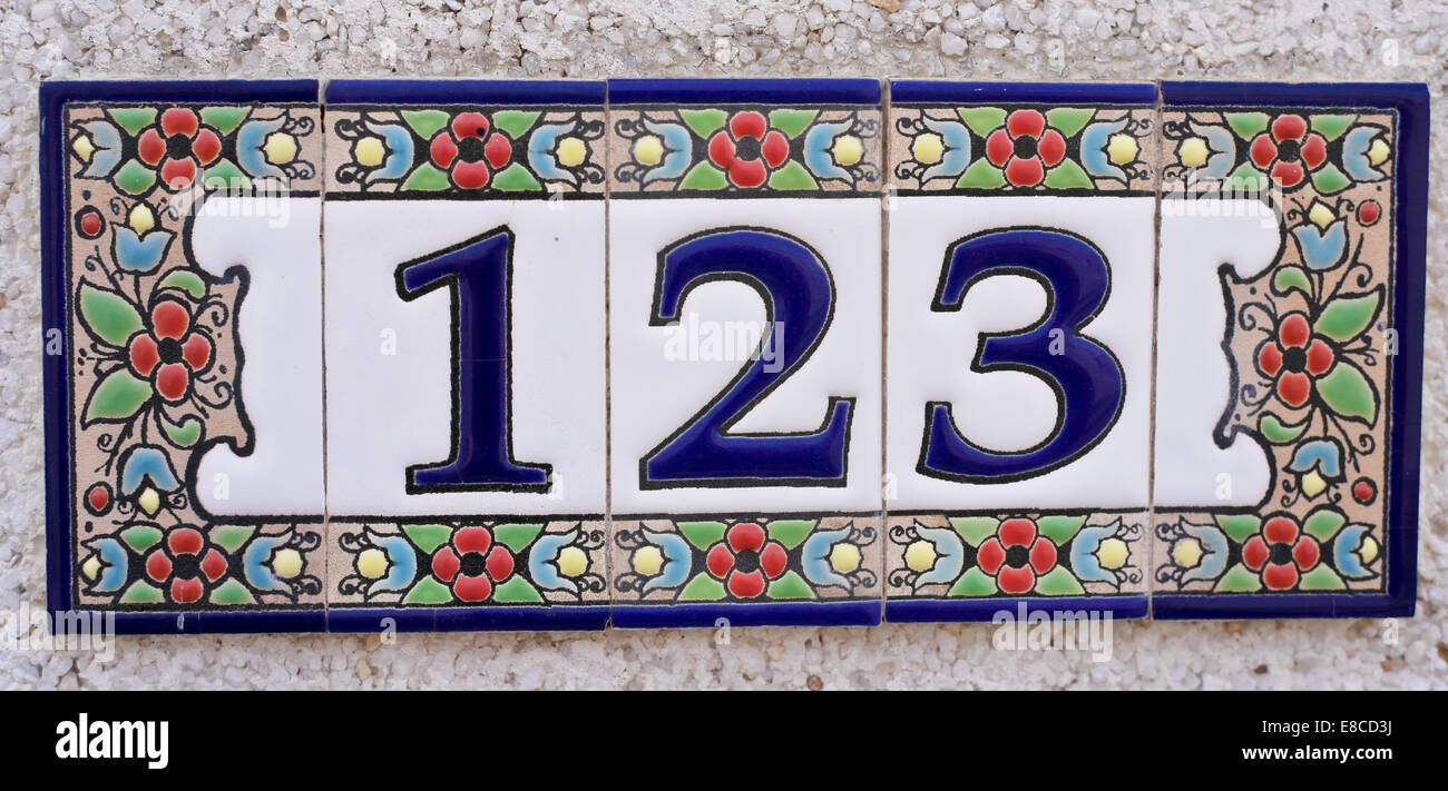 House number Spanish style made up from ceramic tiles Stock Photo