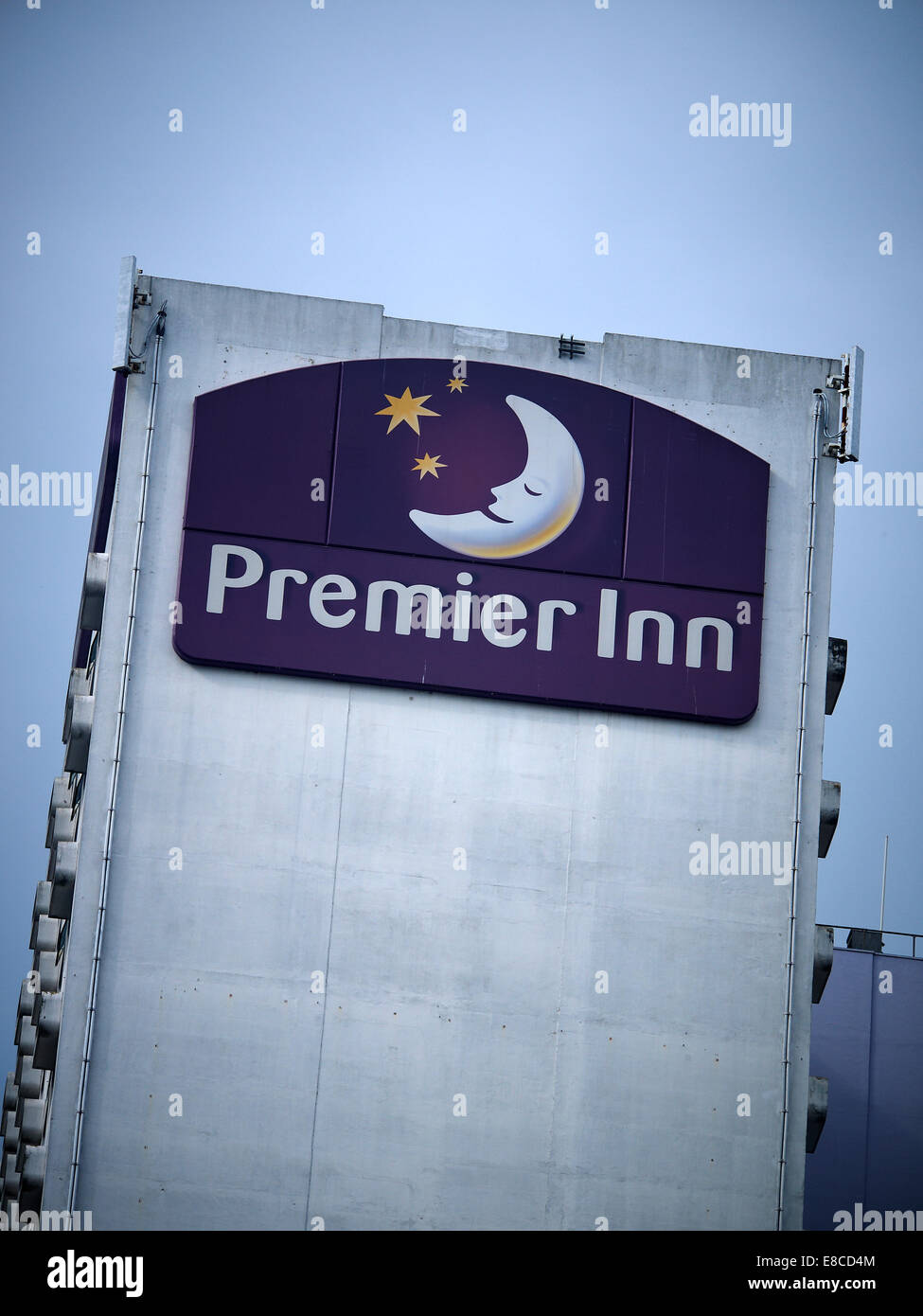 Premier Inn logo on outside wall in Manchester UK Stock Photo