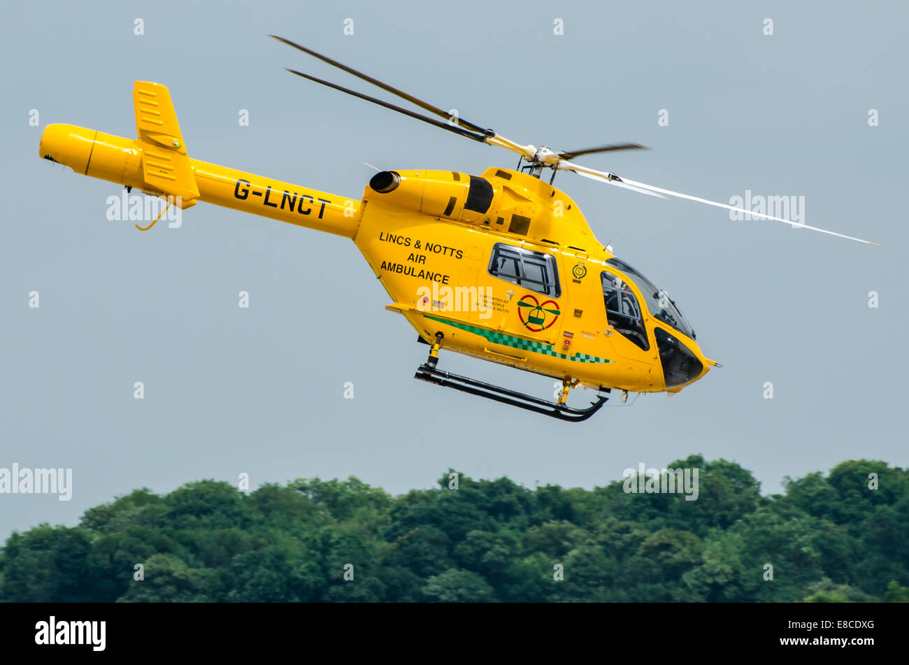 Lincolnshire & Nottinghamshire Air Ambulance is an air ambulance based at RAF Waddington, Lincs, UK which covers those counties. Flying Stock Photo