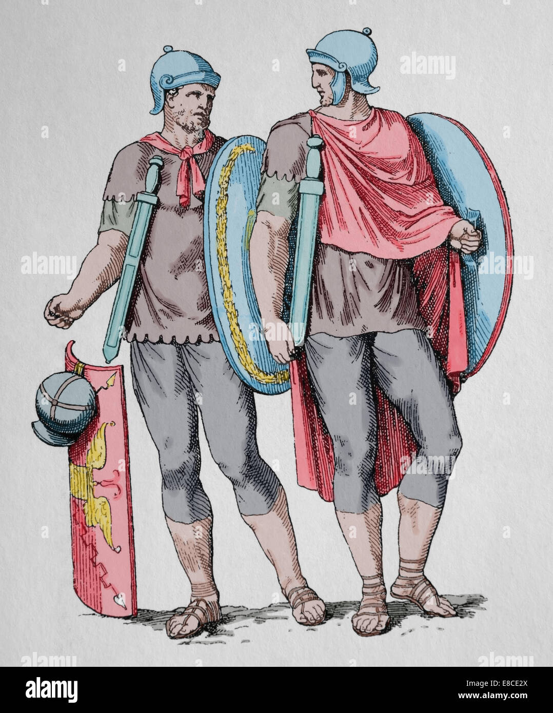 Antiquity. Ancient Rome. Roman soldier 400 AD, Engraving,19th century. Later colouration. Stock Photo