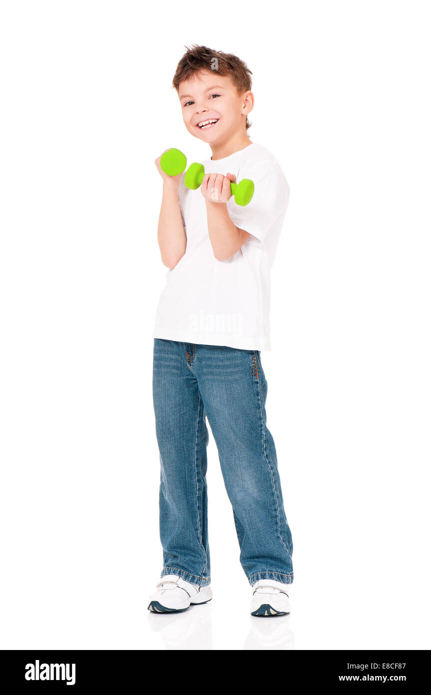 Boy with dumbbells Stock Photo