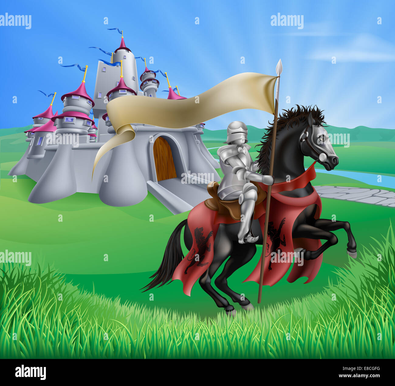 An illustration of a knight with a banner on his horse and a fantasy fairytale medieval castle in a landscape of rolling hills Stock Photo
