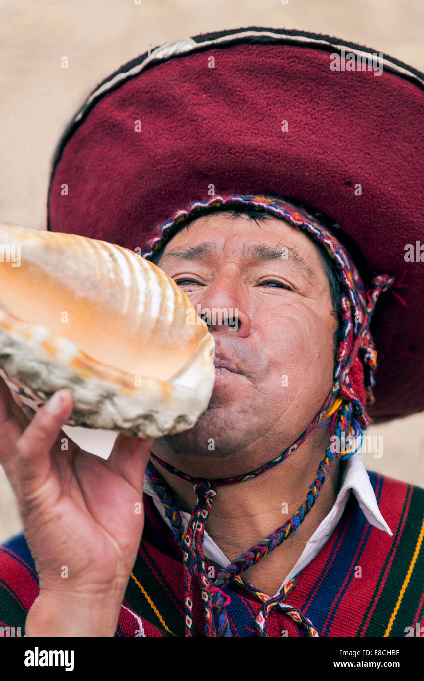 Indigenous musician in Chinchero Peru. Stock Photo
