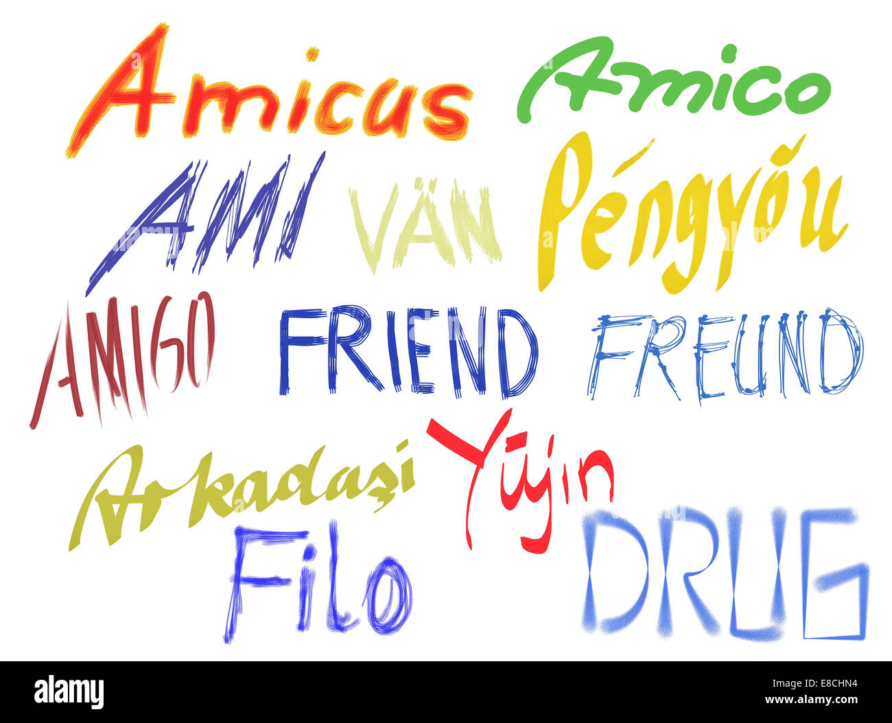 The word friends in multiple languages, different letters and brushes Stock Photo