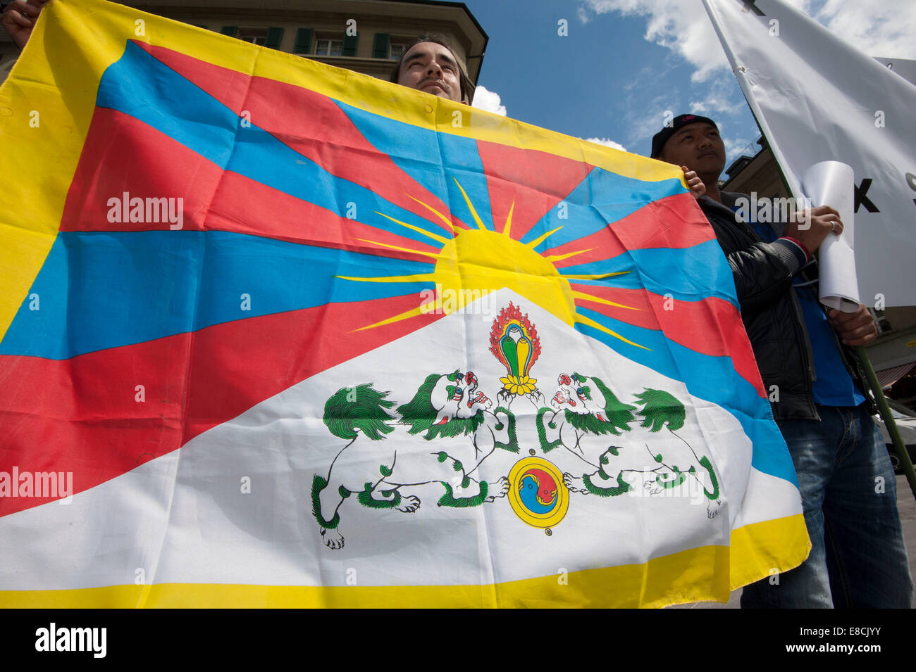 Tibetan activists protest during the visit of China's Premier Li Keqiang in Switzerland's capital Bern. Stock Photo