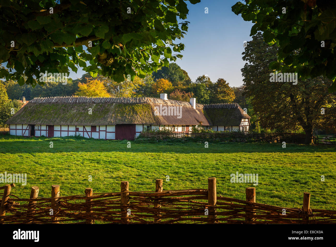 Typical old Danish farm with straw roof, The Open Air Museum, Lyngby, Copenhagen Area, Denmark Stock Photo