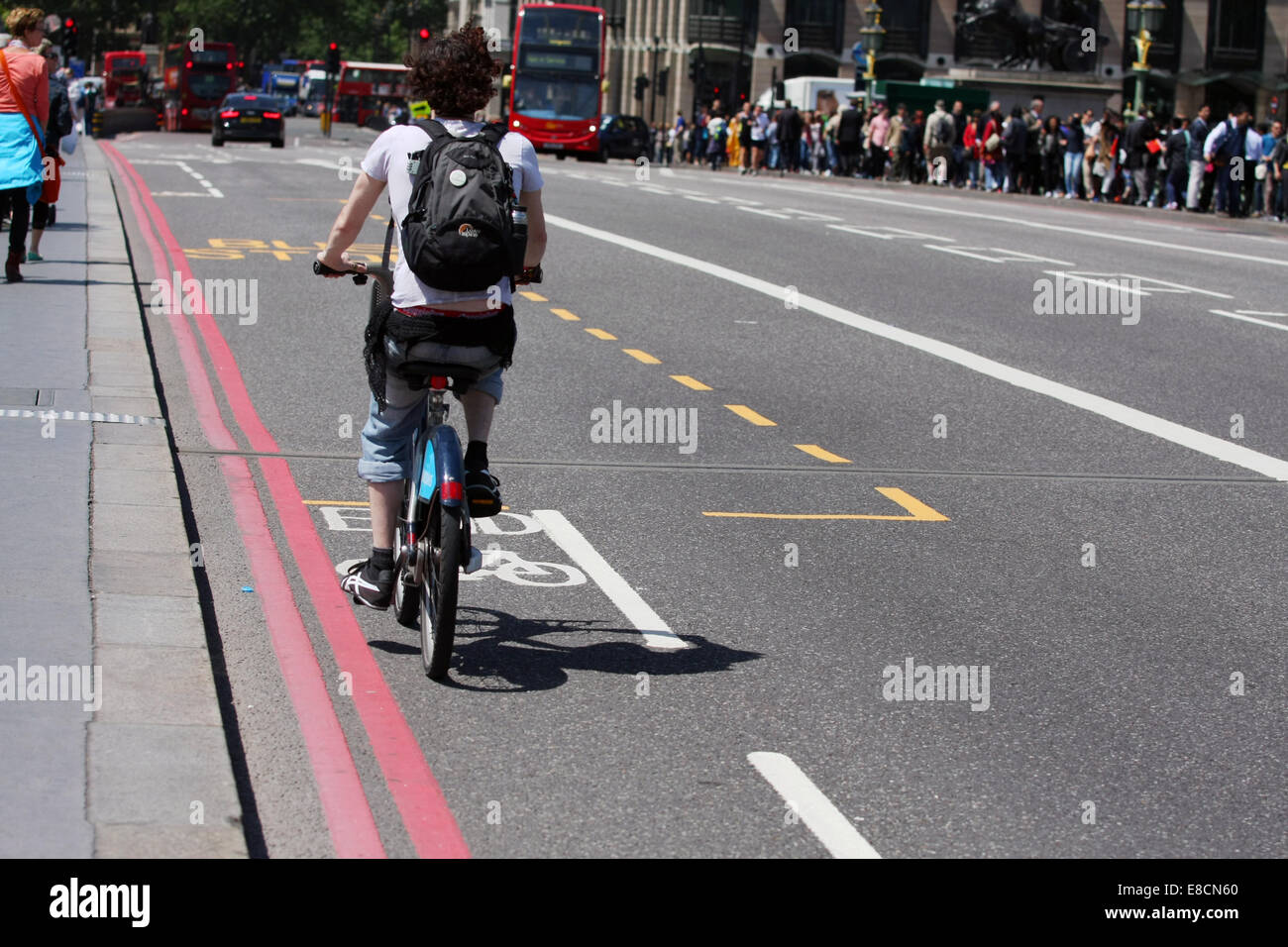 A cyclist cycling in a cycle lane in a bus lane on Westminster Bridge in London, England Stock Photo