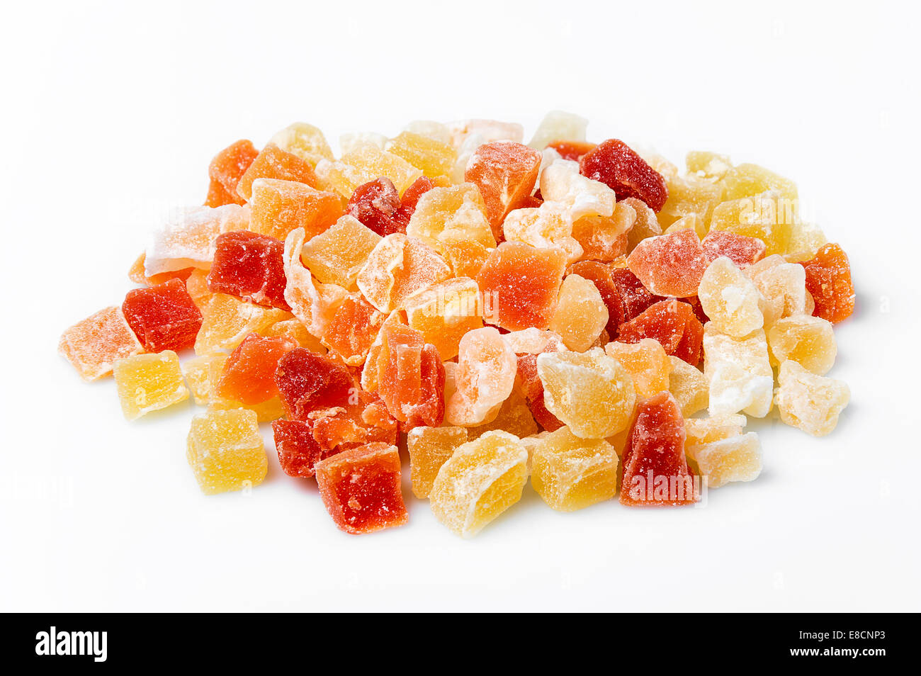 Exotic dried fruit on white background papaya, pineapple, mango Stock