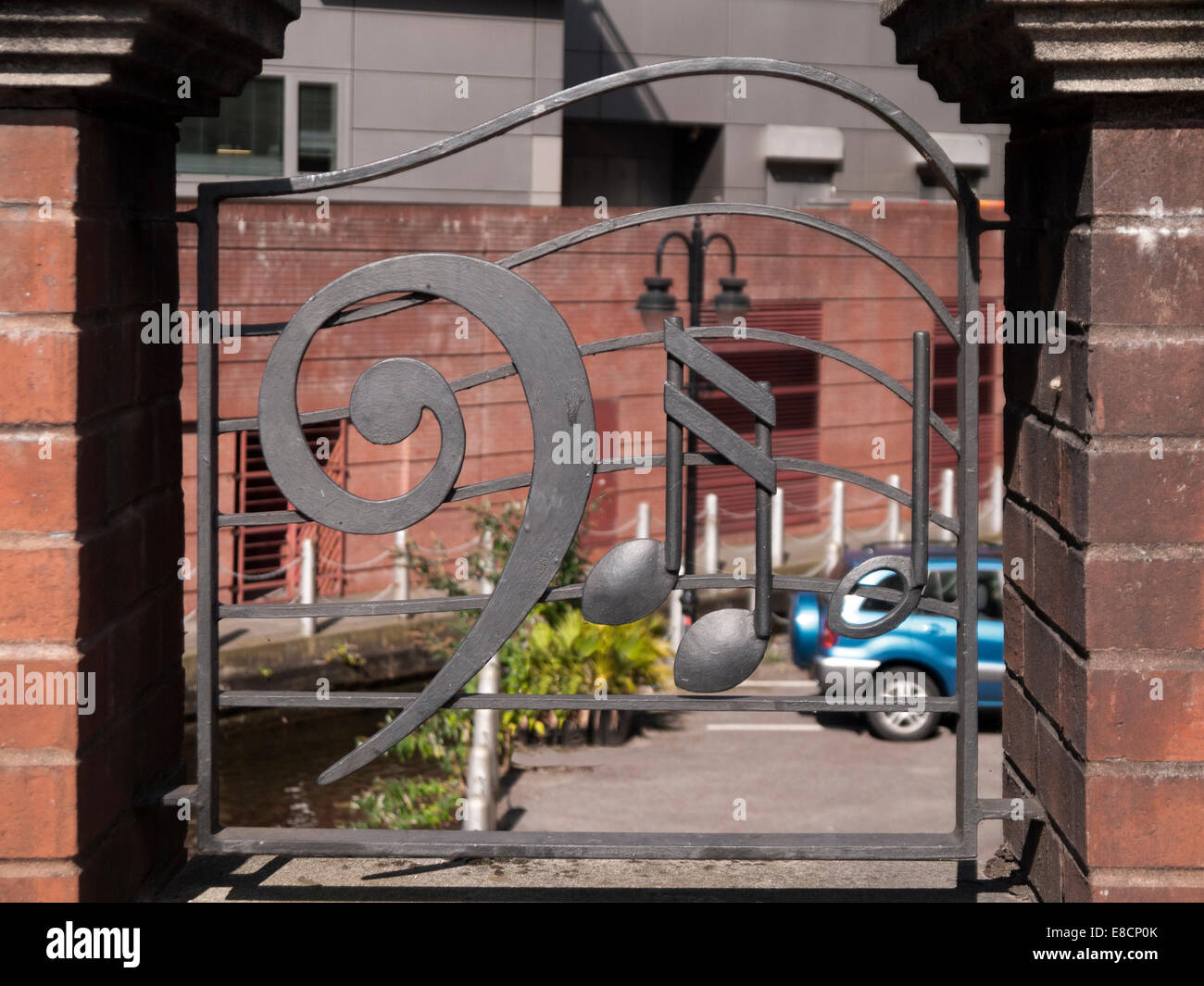 Musical notation symbols on metal railings on a canal bridge near the ...