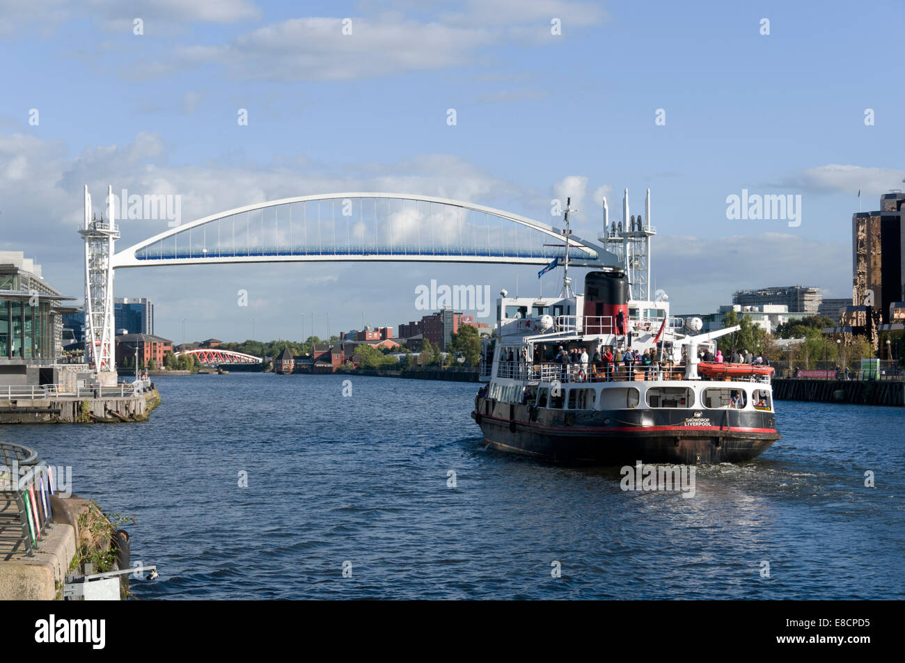 Mersey Ferries 'Manchester Ship Canal Cruise' boat, the 'Snowdrop', arriving at Salford Quays, Manchester, England, UK Stock Photo