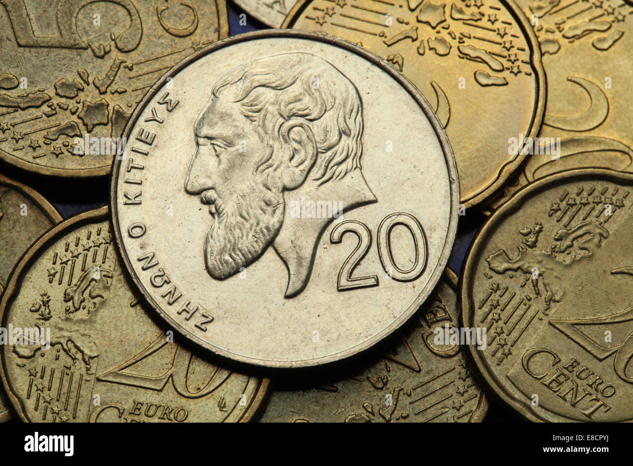 Coins of Cyprus. Greek philosopher Zeno of Citium depicted in the old Cypriot 20 cents coin. Stock Photo