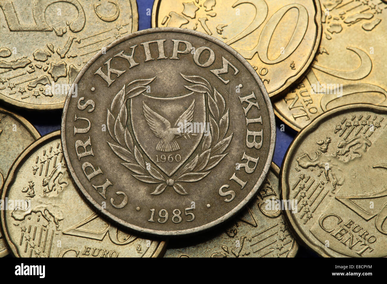 Coins of Cyprus. The coat of arms of the Republic of Cyprus depicted in the old Cypriot cent coins. Stock Photo