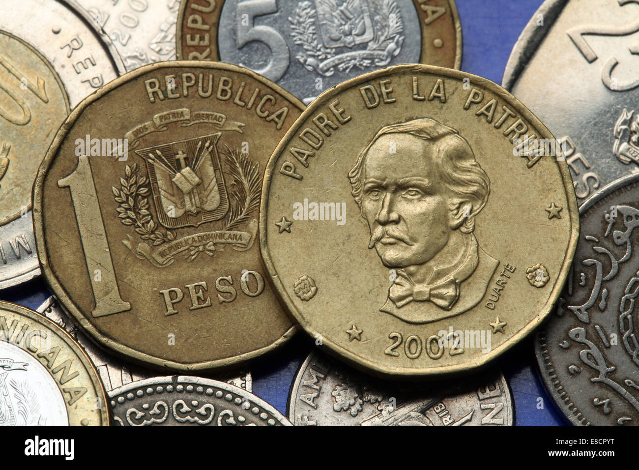 Coins of the Dominican Republic. Dominican national hero Juan Pablo Duarte depicted in the Dominican one peso coin. Stock Photo
