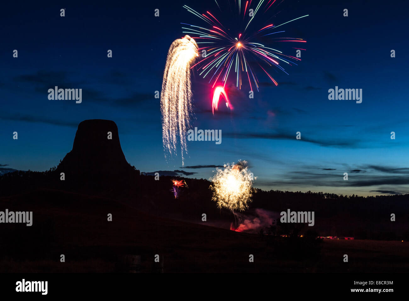 beautiful display of fireworks with Devils Tower national monument