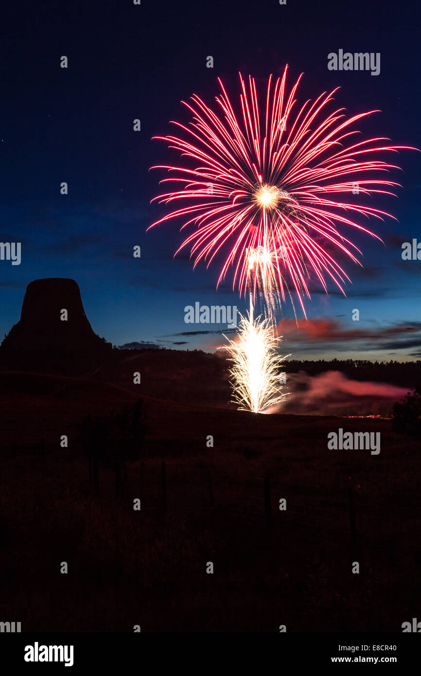 beautiful display of fireworks with Devils Tower national monument