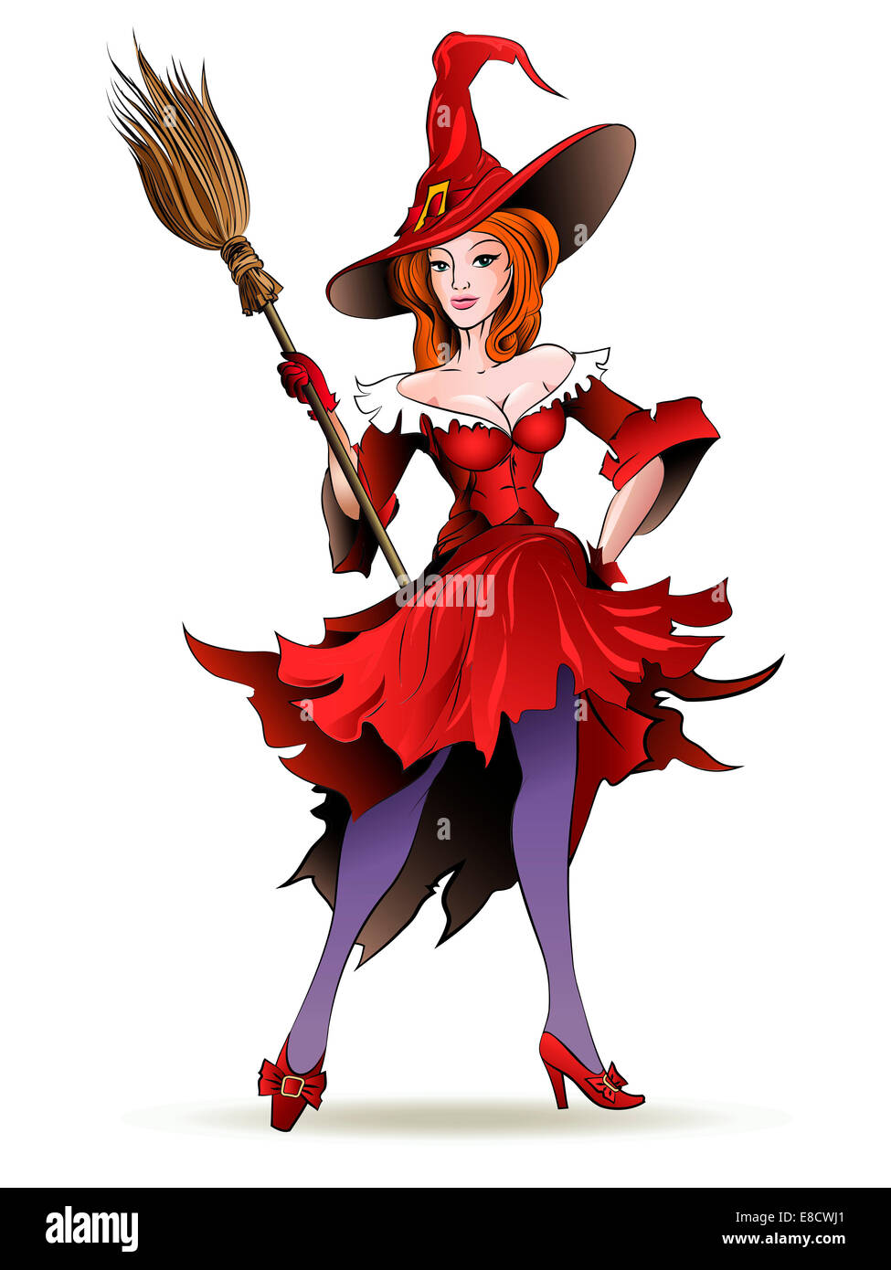 Pretty witch with a broom Stock Photo