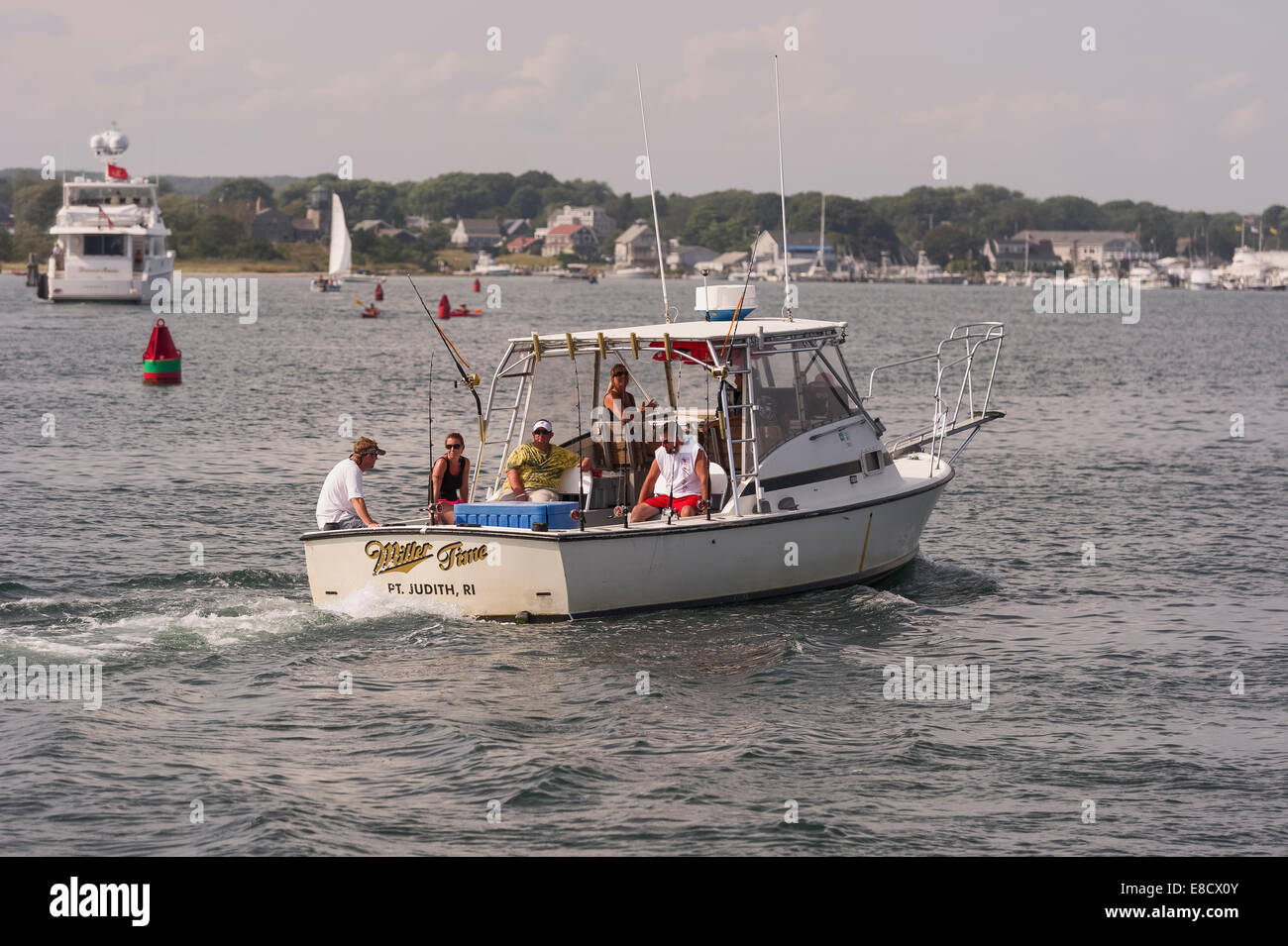A deep sea fishing party returning from a day of fishing out of Galilee Narragansett Point Judith Rhode Island. Stock Photo