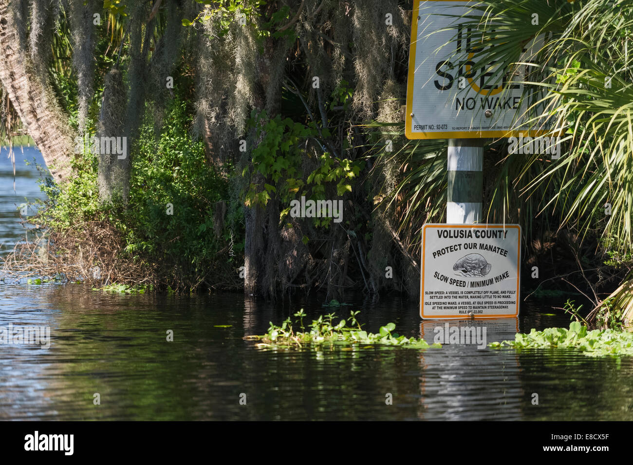 Idle Speed No Wake and Manatee protection sign posted on the St.Johns