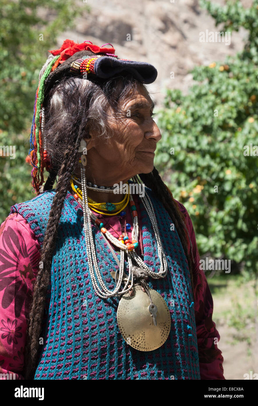 Woman villager from Dha Hanu village the site of Dard or Brokpa tribe, Indus valley Ladakh, India Stock Photo