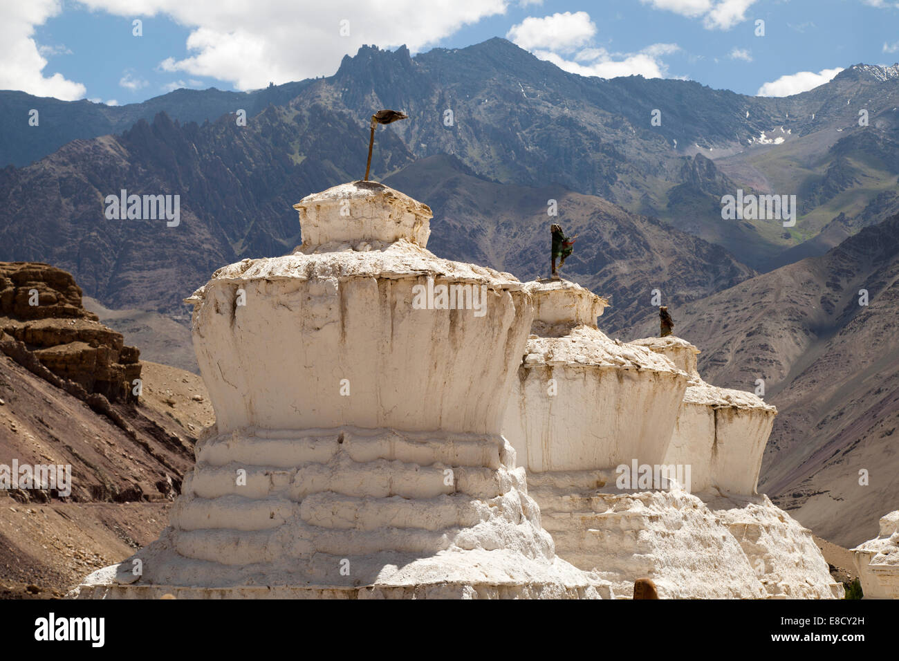 Buddhist Stupas near Saspool in the Nubrah Valley, Ladakh, Northern India Stock Photo