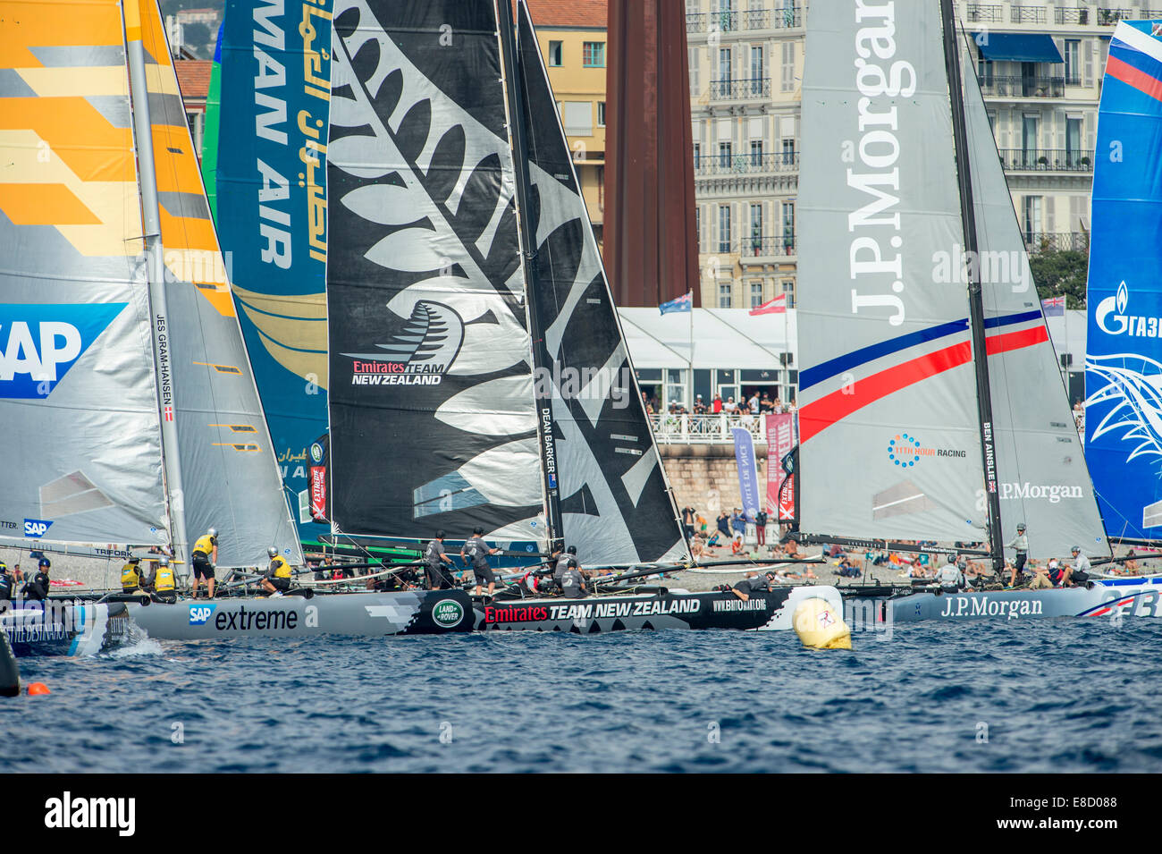 Nice, France. 5th October, 2014. SAP, Emirates Team New Zealand and JP Morgan BAR line up for a start.  Day four of the Extreme Sailing Series Regatta at Nice. 5/10/2014 Credit:  Chris Cameron/Alamy Live News Stock Photo