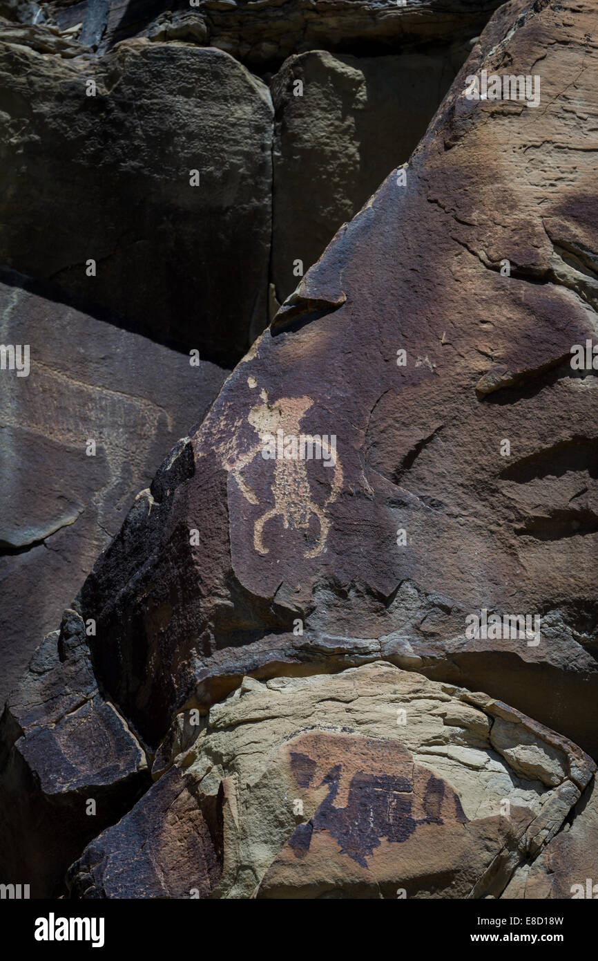 ancient depictions or petroglyphs found in wyoming. some thought to be over 10000 years old Stock Photo