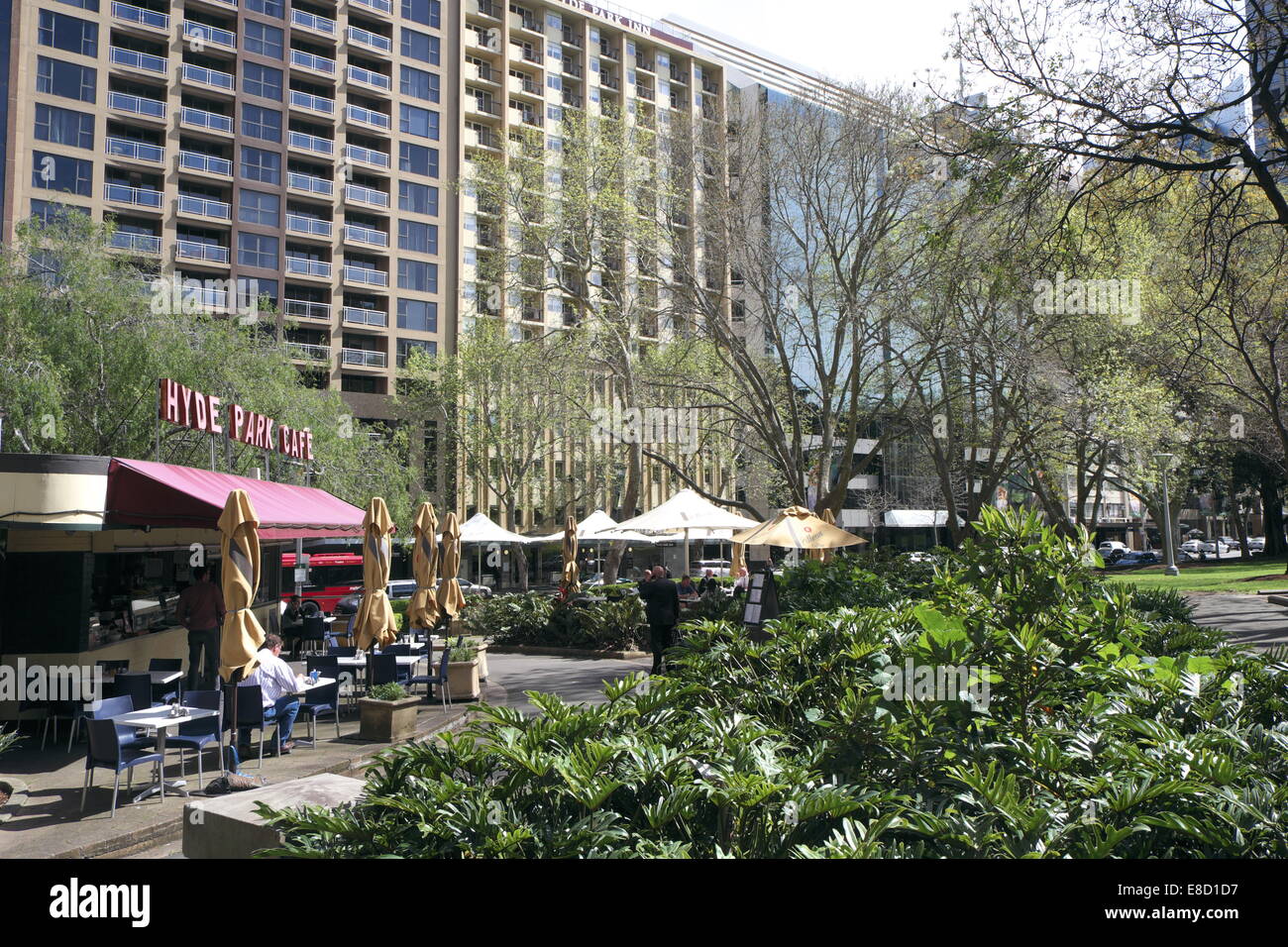 hyde park and hyde park cafe in the centre of sydney looking across to elizabeth street,sydney,australia Stock Photo