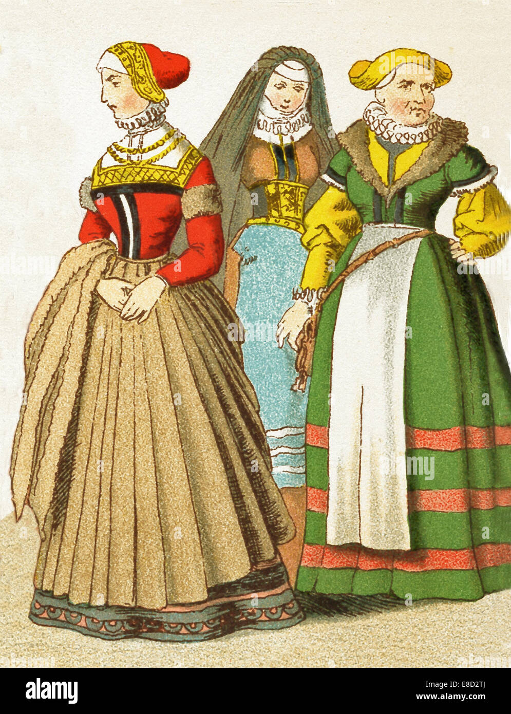 The German  figures represented here are, from left to right: woman from Nuremberg, woman from Frankfurt, woman from Swabia. Stock Photo