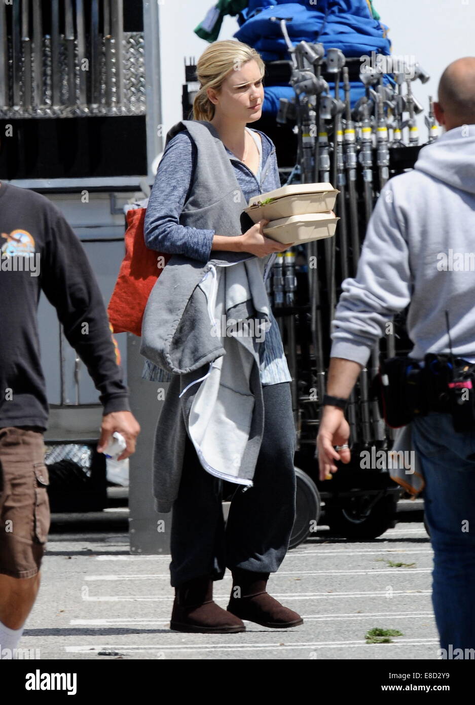 Actress Maggie Grace spotted grabbing lunch on the set of 'Taken 3' filming in downtown Los Angeles.  Featuring: Maggie Grace Where: Los Angeles, California, United States When: 02 Apr 2014 Stock Photo