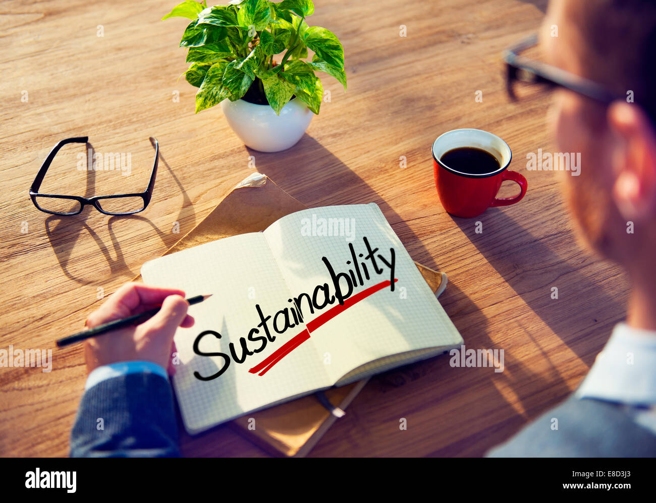 A Man Brainstorming about Sustainability Concept Stock Photo