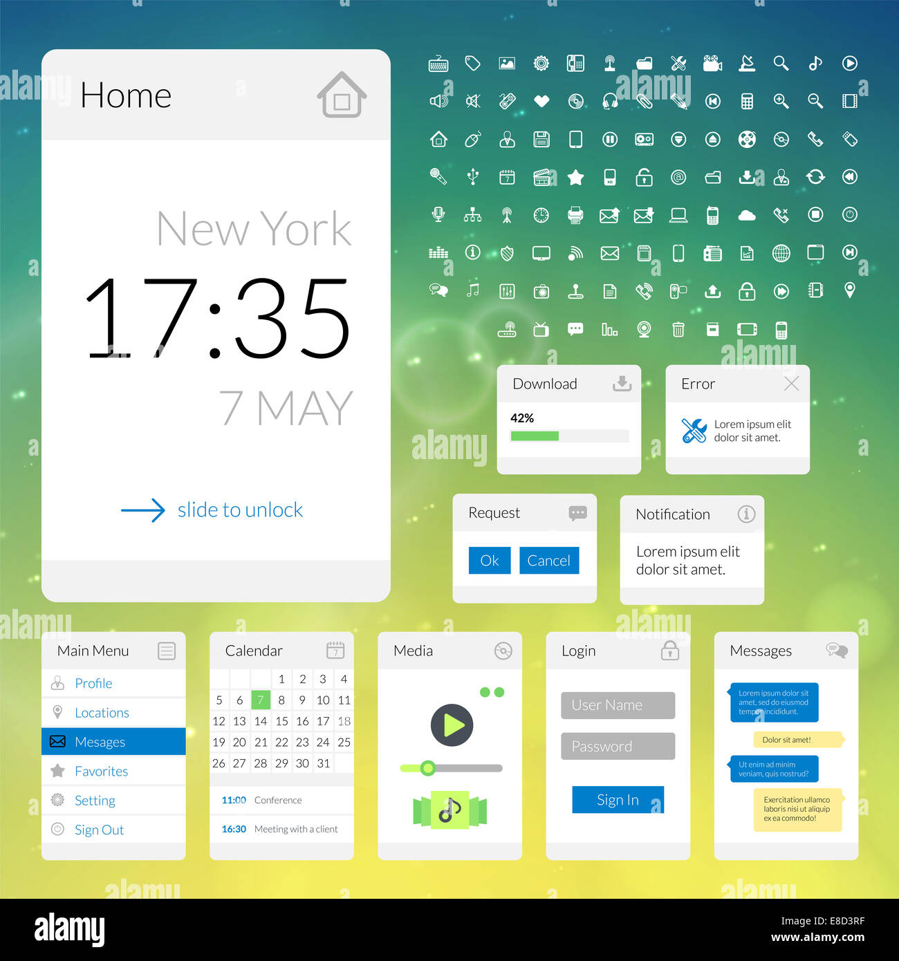 Mobile flat interface elements with colorful wallpaper and icon set ...