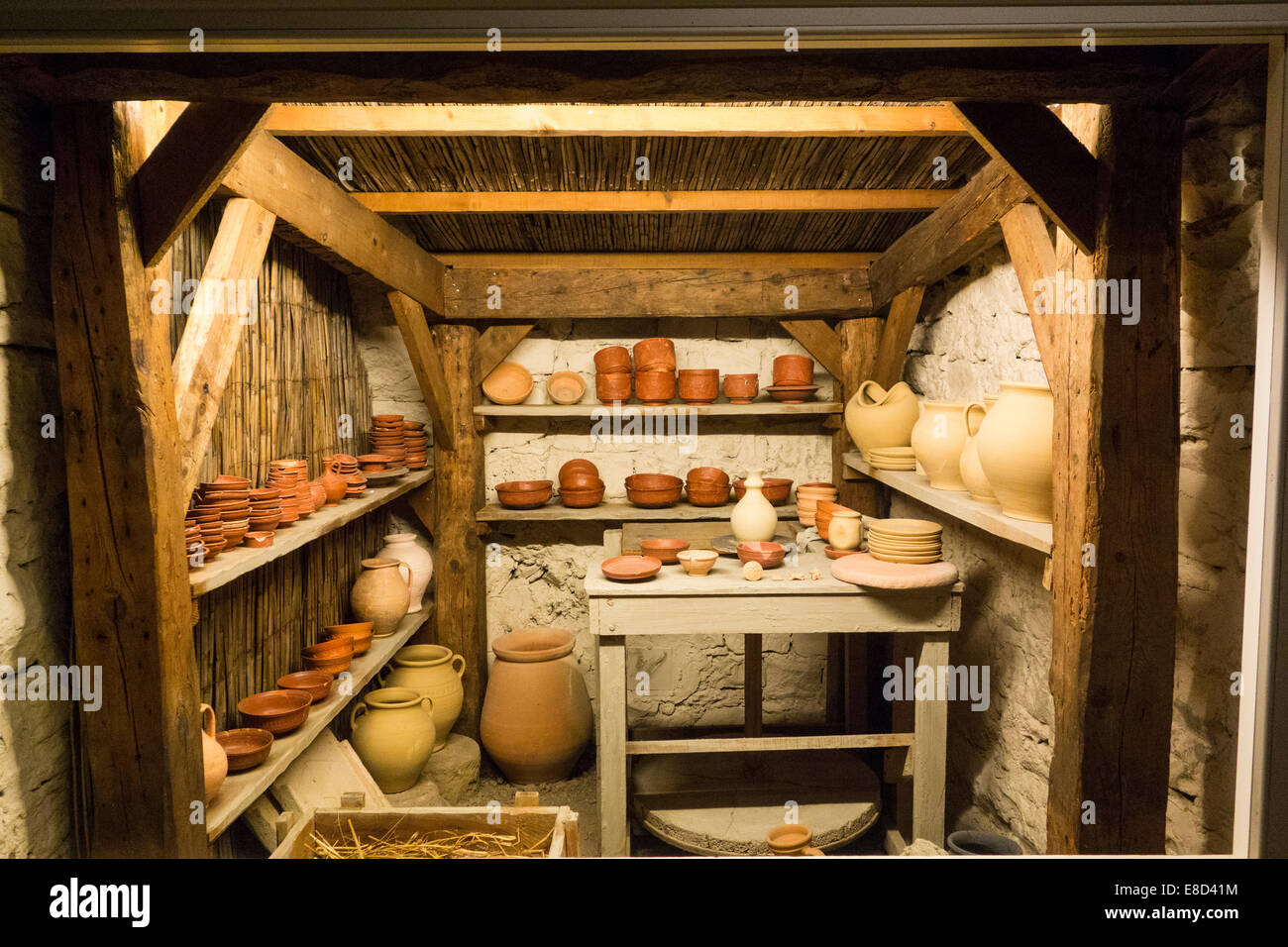 1C AD Roman Potters atelier reconstruction with pottery from historic