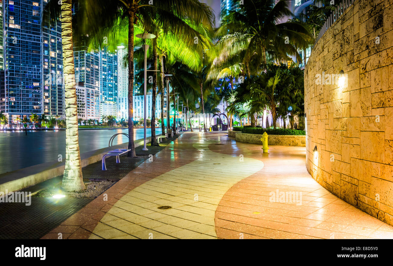 The Miami River Waterfront at night, in downtown Miami, Florida. Stock Photo