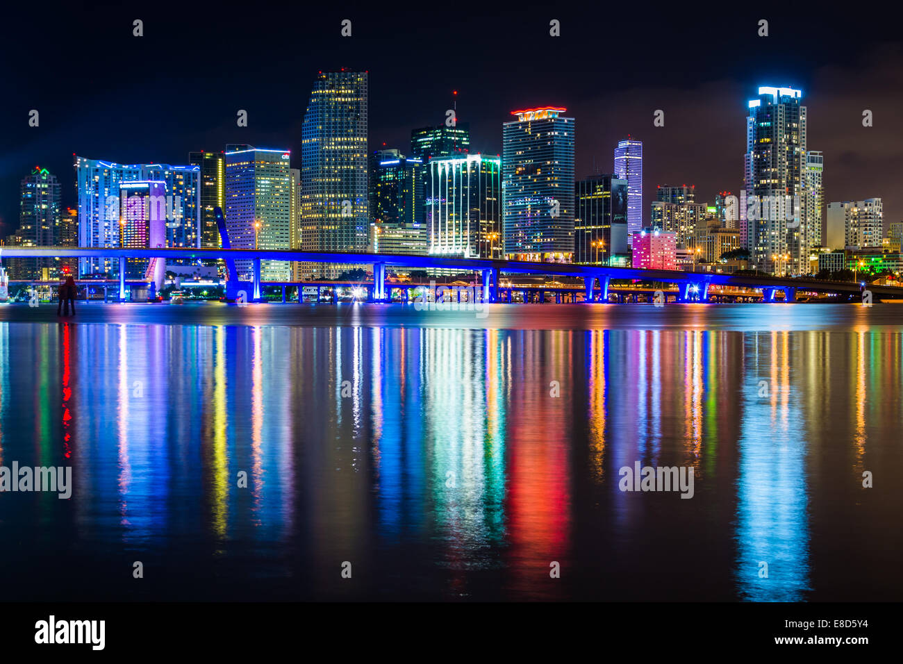 The Miami Skyline at night, seen from Watson Island, Miami, Florida. Stock Photo