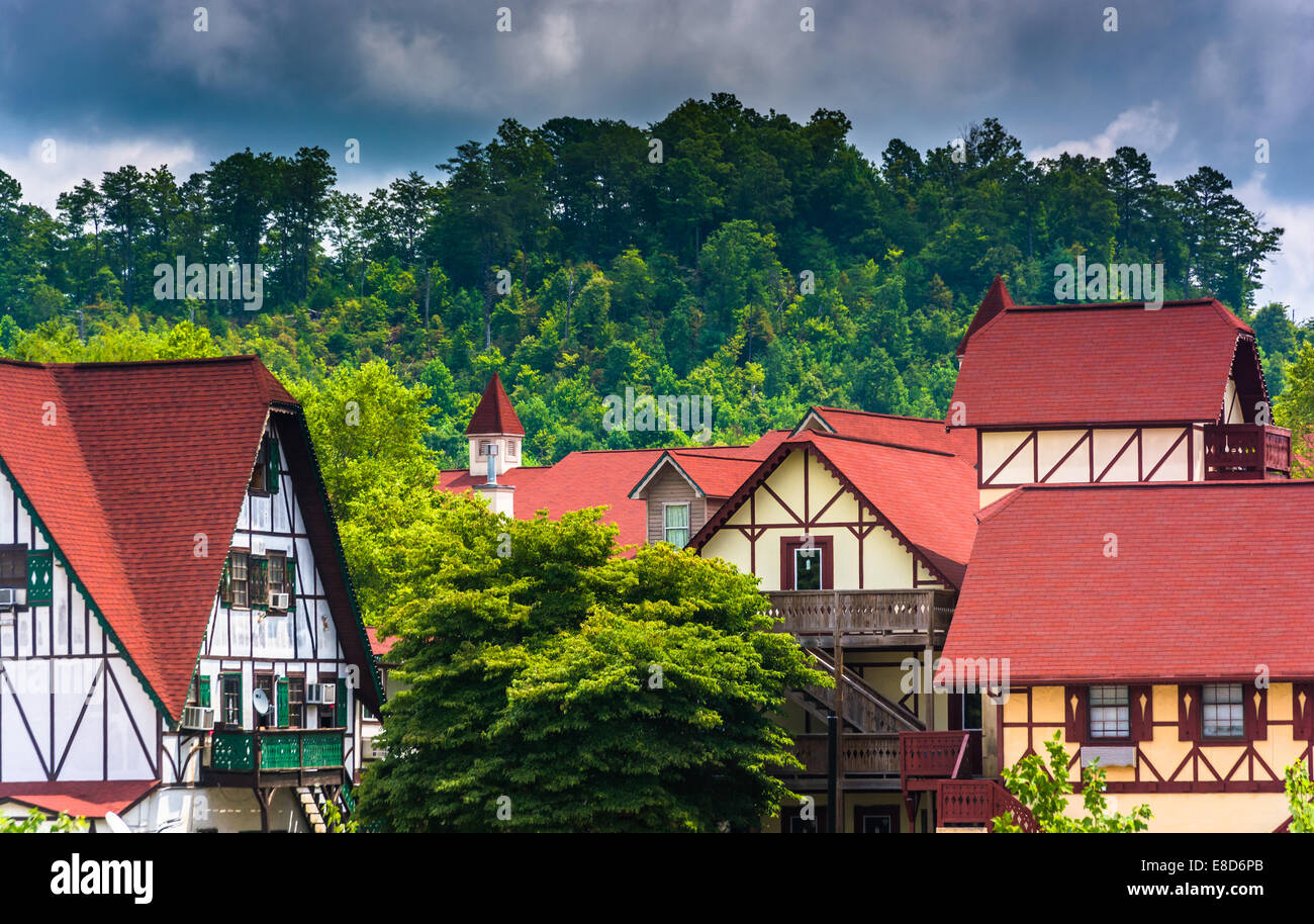 Trees and red-roofed buildings in Helen, Georgia. Stock Photo