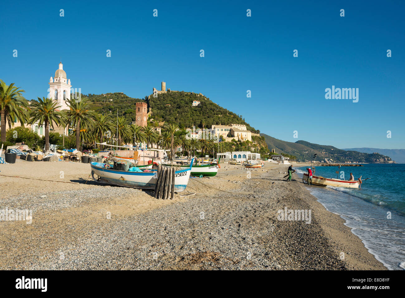 Fishing boats on the beach of Noli, Riviera di Ponente, Liguria, Italy Stock Photo