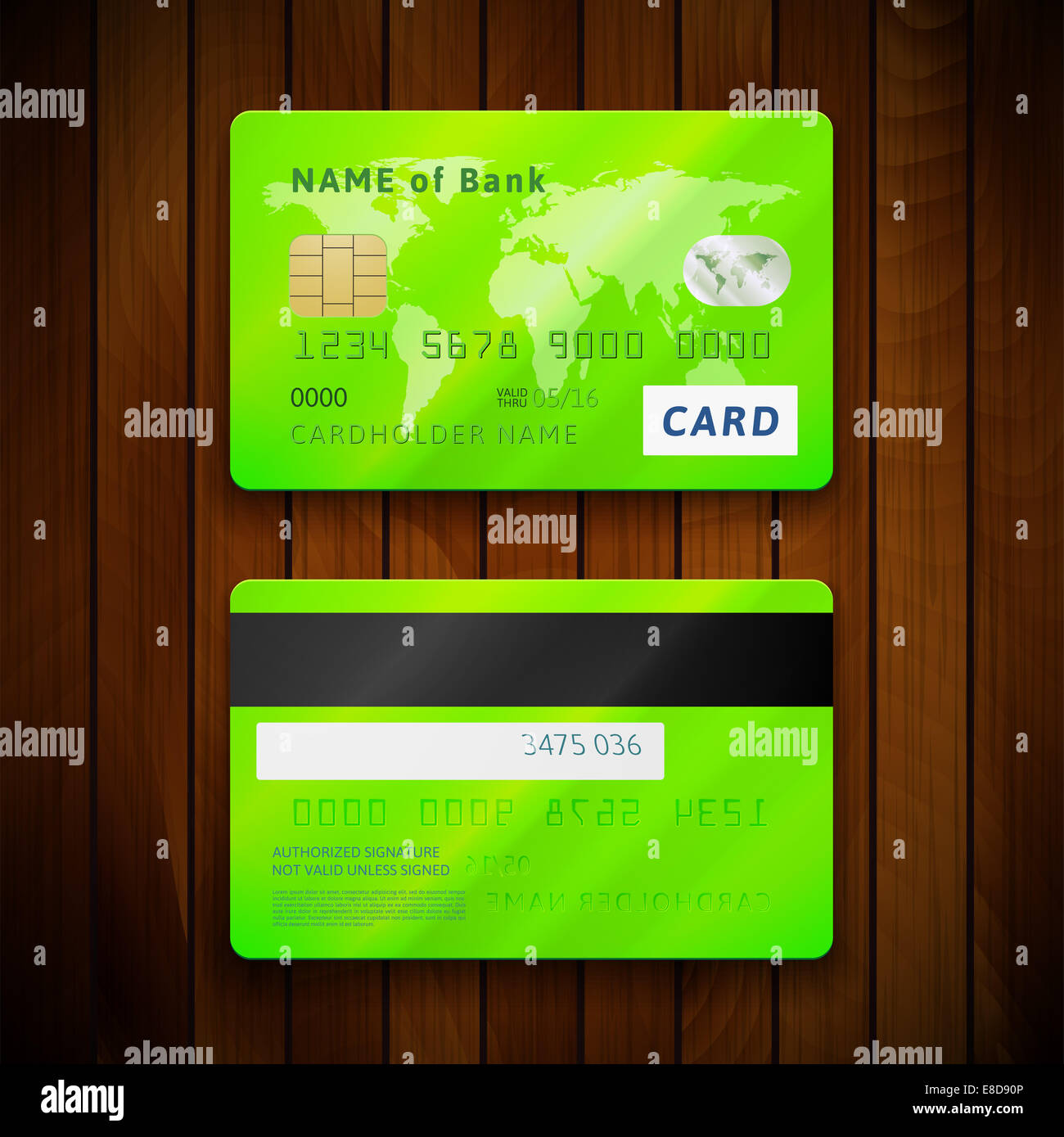 Detailed glossy green credit cards with two sides Stock Photo