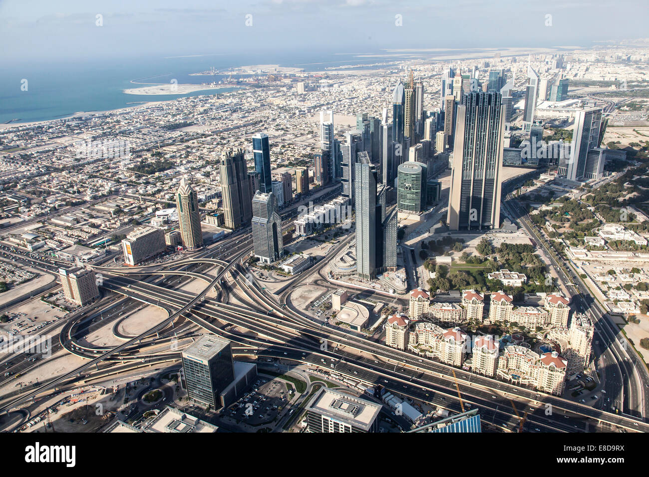 View from the Burj Khalifa on skyscrapers on Sheikh Zayed Road, Dubai, United Arab Emirates Stock Photo