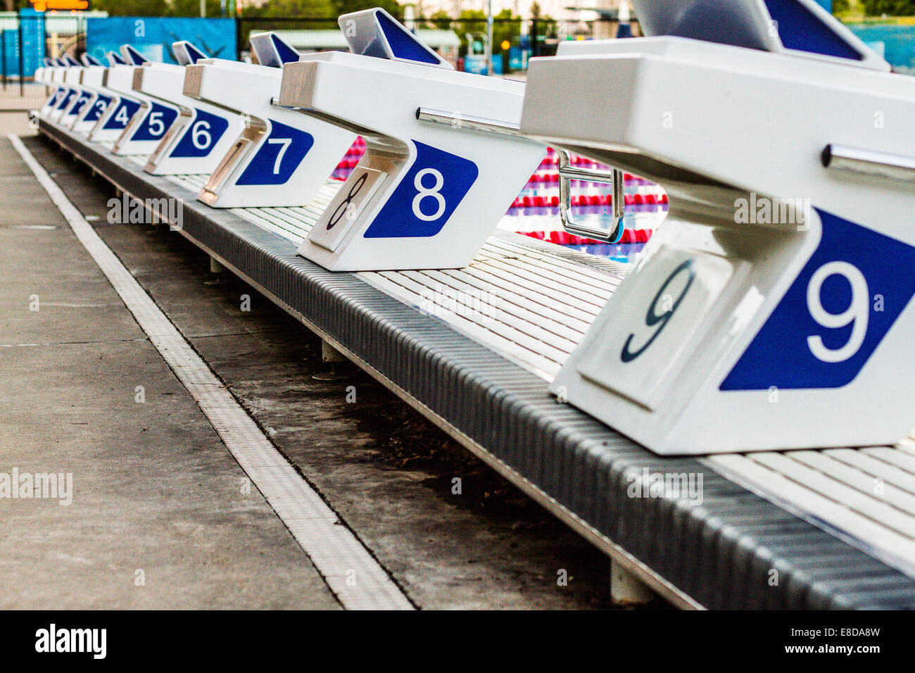 Olympic 50m Outdoor Pool Starting Blocks Stock Photo