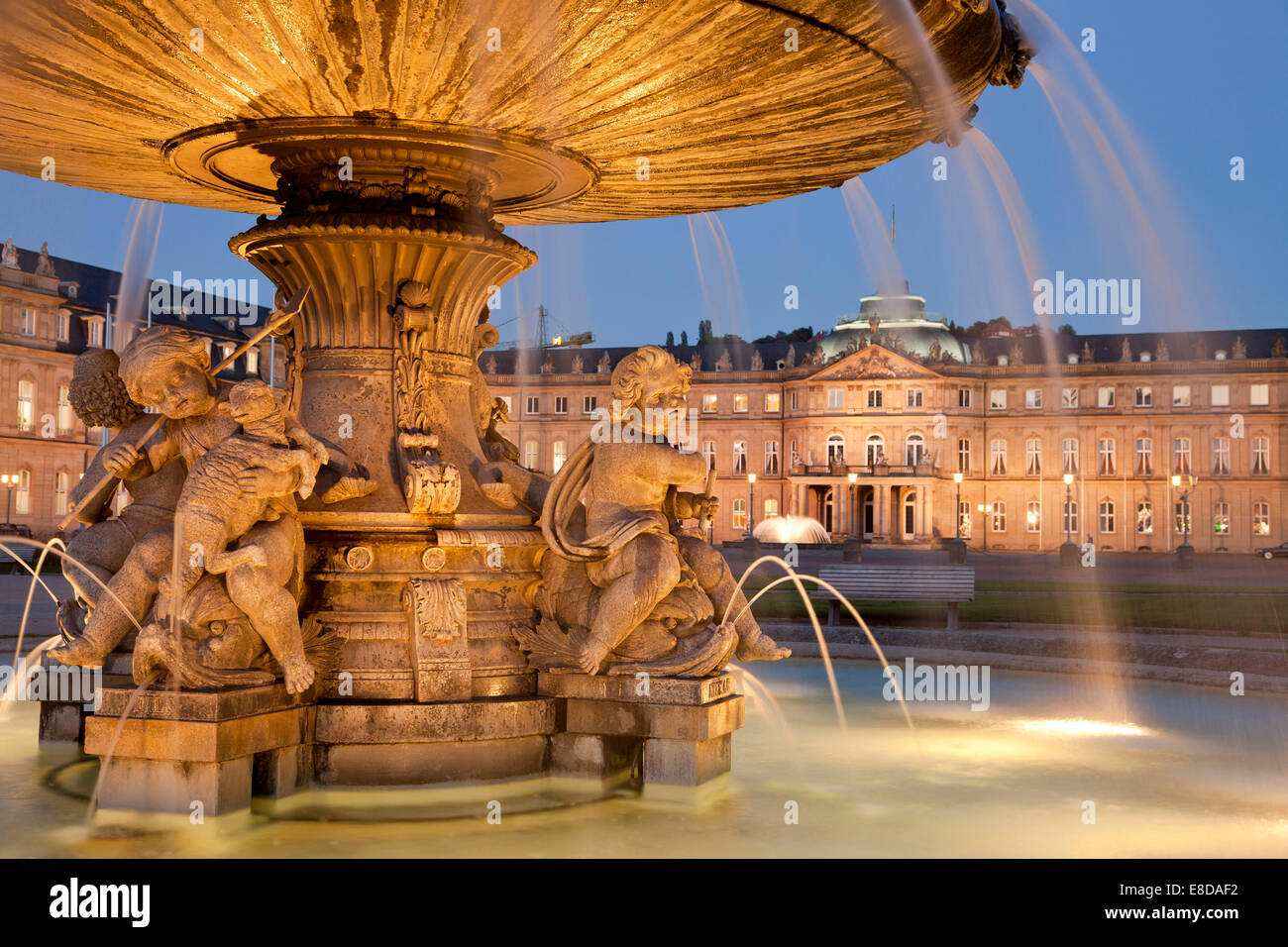 Fountain on Schlossplatz and New Palace at night, Stuttgart, Baden ...