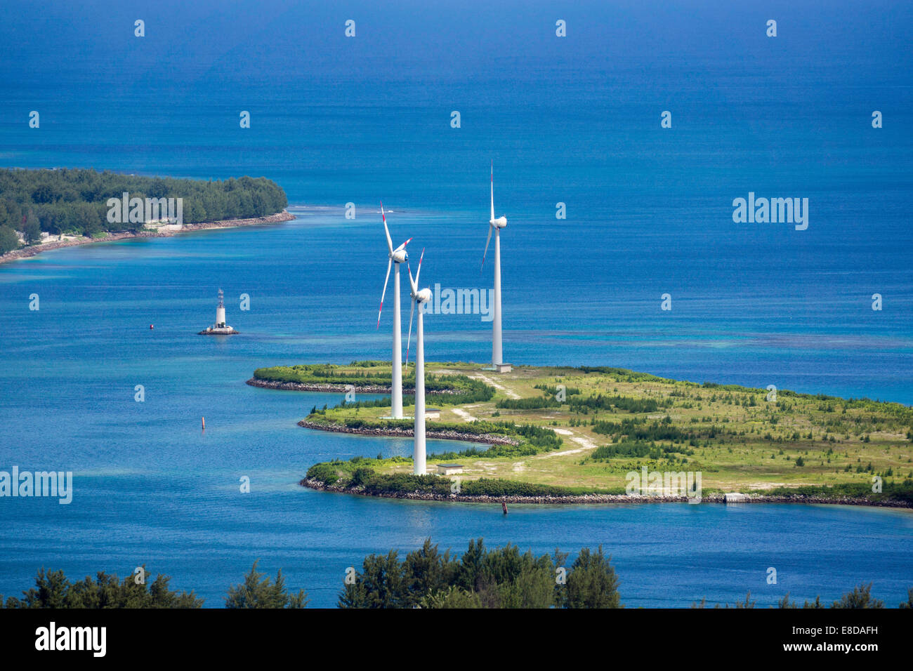 Wind turbines on Mahe, Seychelles Stock Photo