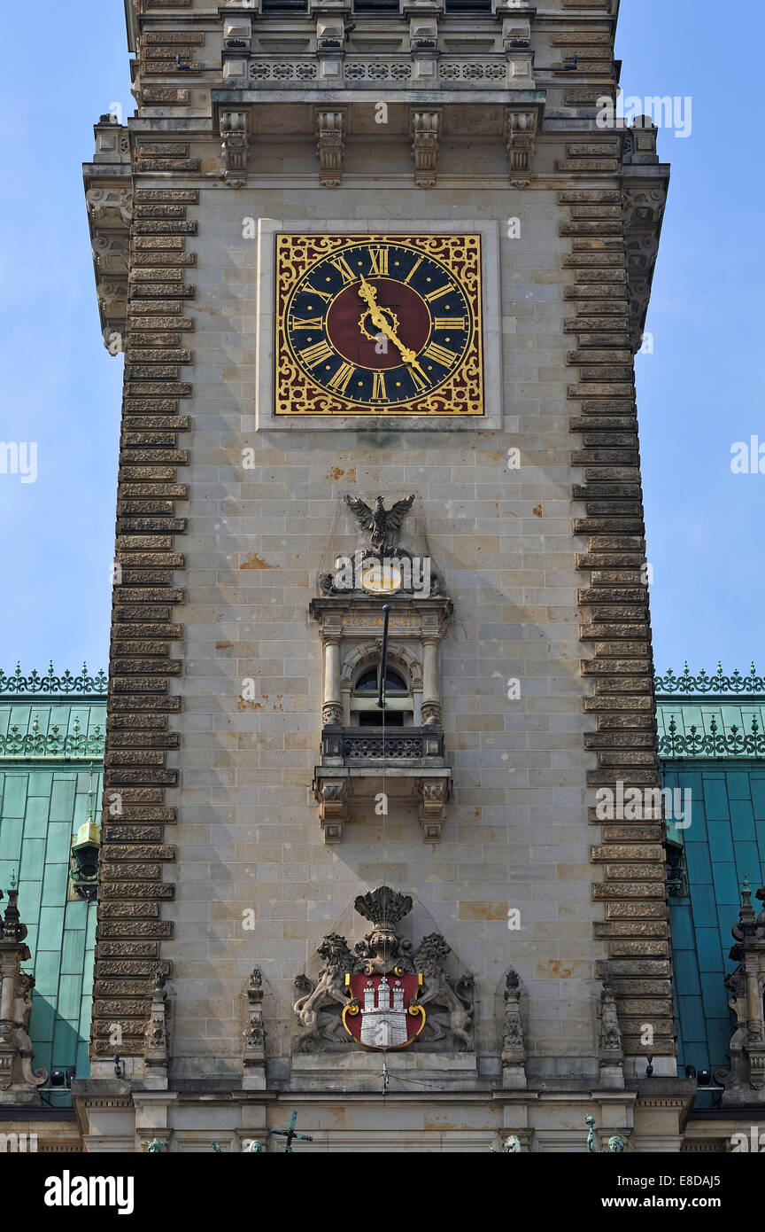 City coat of arms and clock on the tower, City Hall, Hamburg, Germany Stock  Photo - Alamy
