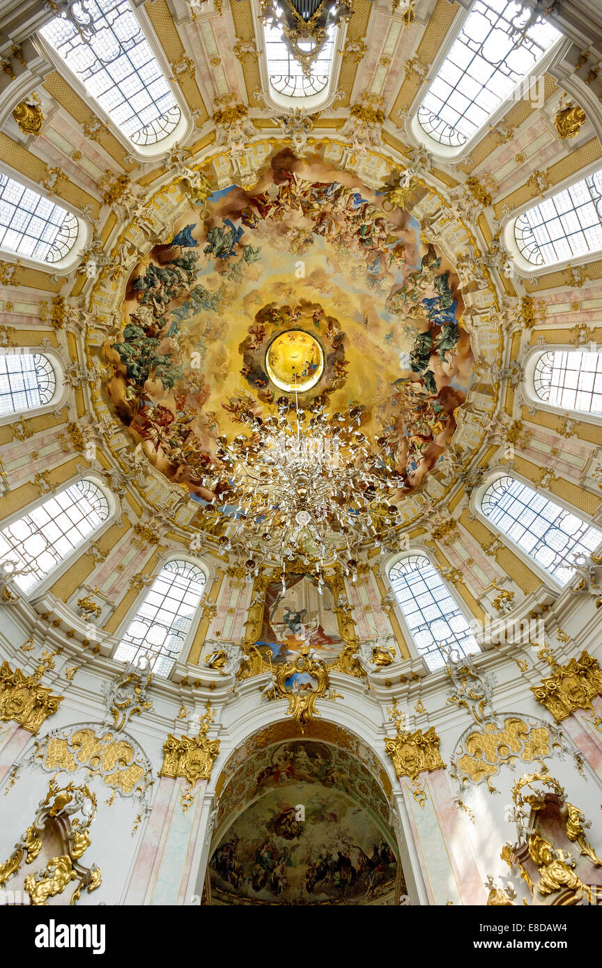 Dome with fresco by Jacob Zeiller, baroque Church of the Assumption of St. Mary, Ettal Abbey, Ettal, Upper Bavaria, Bavaria Stock Photo