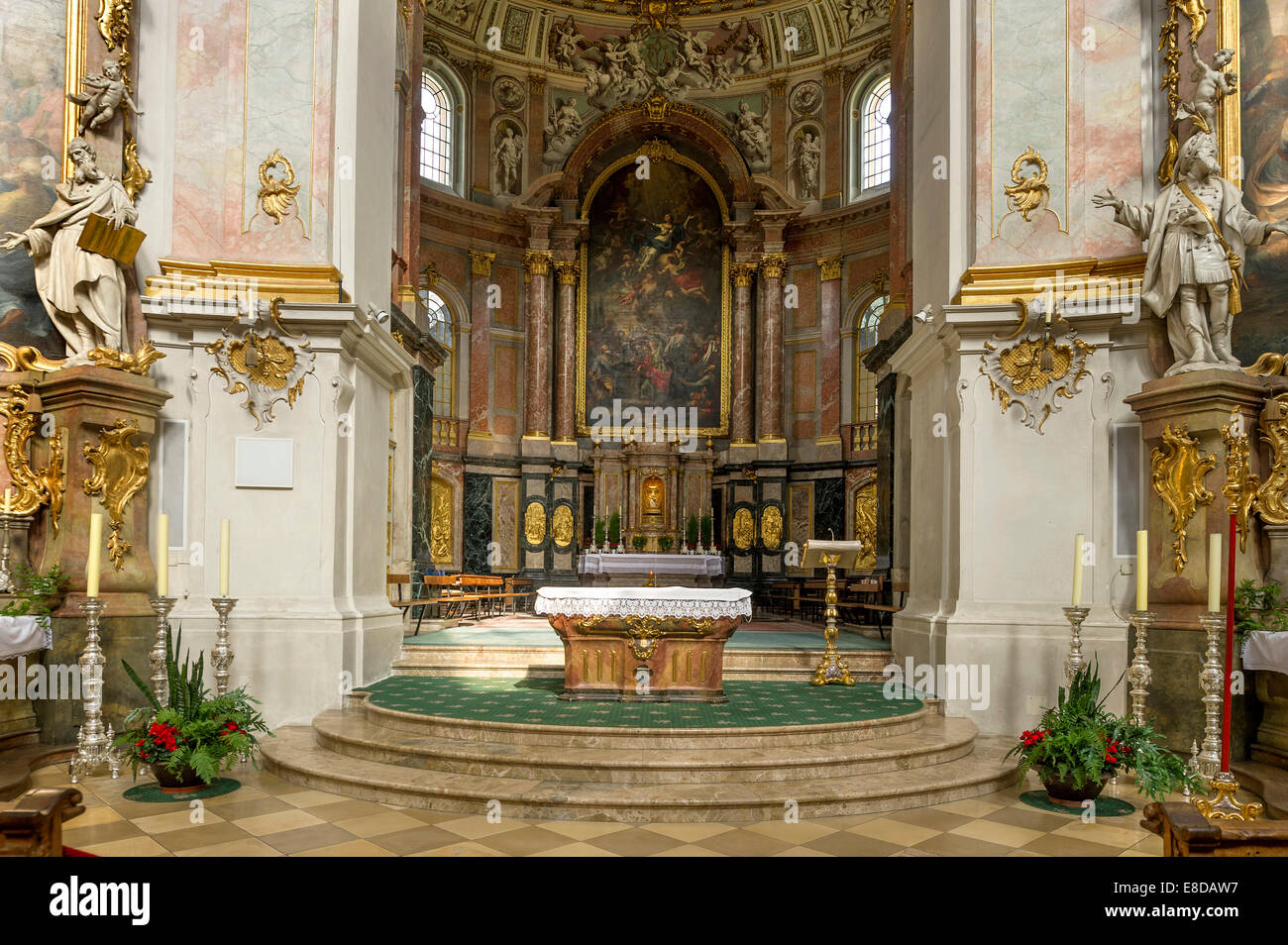Choir with high altar by Joseph Lindner, altarpiece by Martin Koller, baroque Church of the Assumption of St. Mary, Ettal Abbey Stock Photo