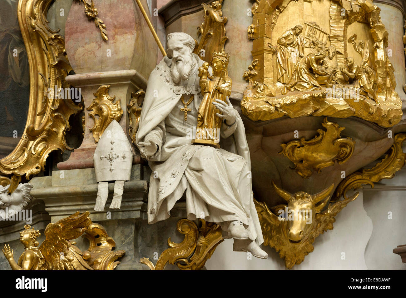 Figure of St. Korbinian with Altötting Madonna, baroque Church of the Assumption of St. Mary, Ettal Abbey, Ettal, Upper Bavaria Stock Photo