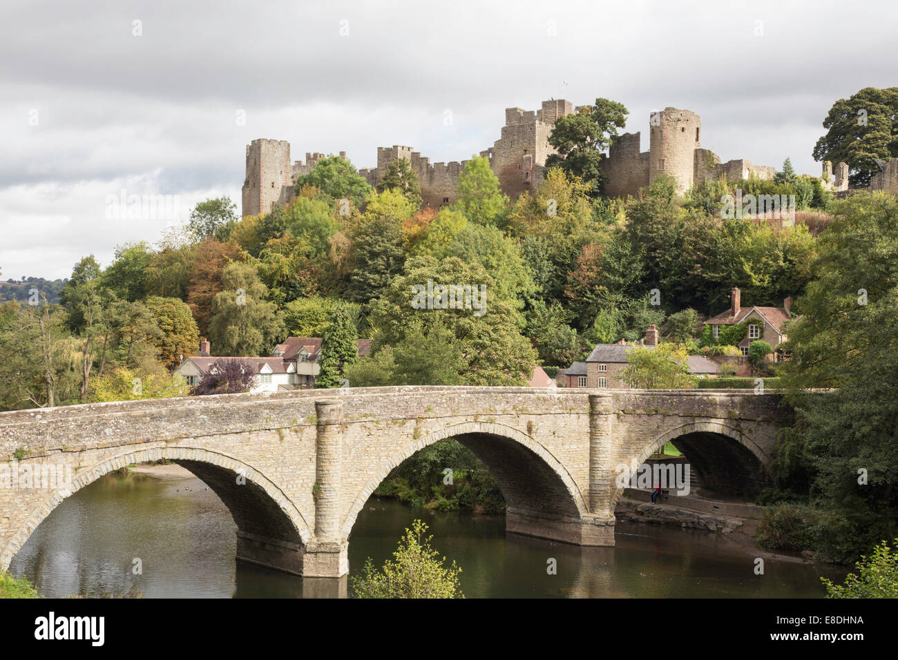 Dinham Bridge crossing the River Teme and Ludlow Castle, in autumn
