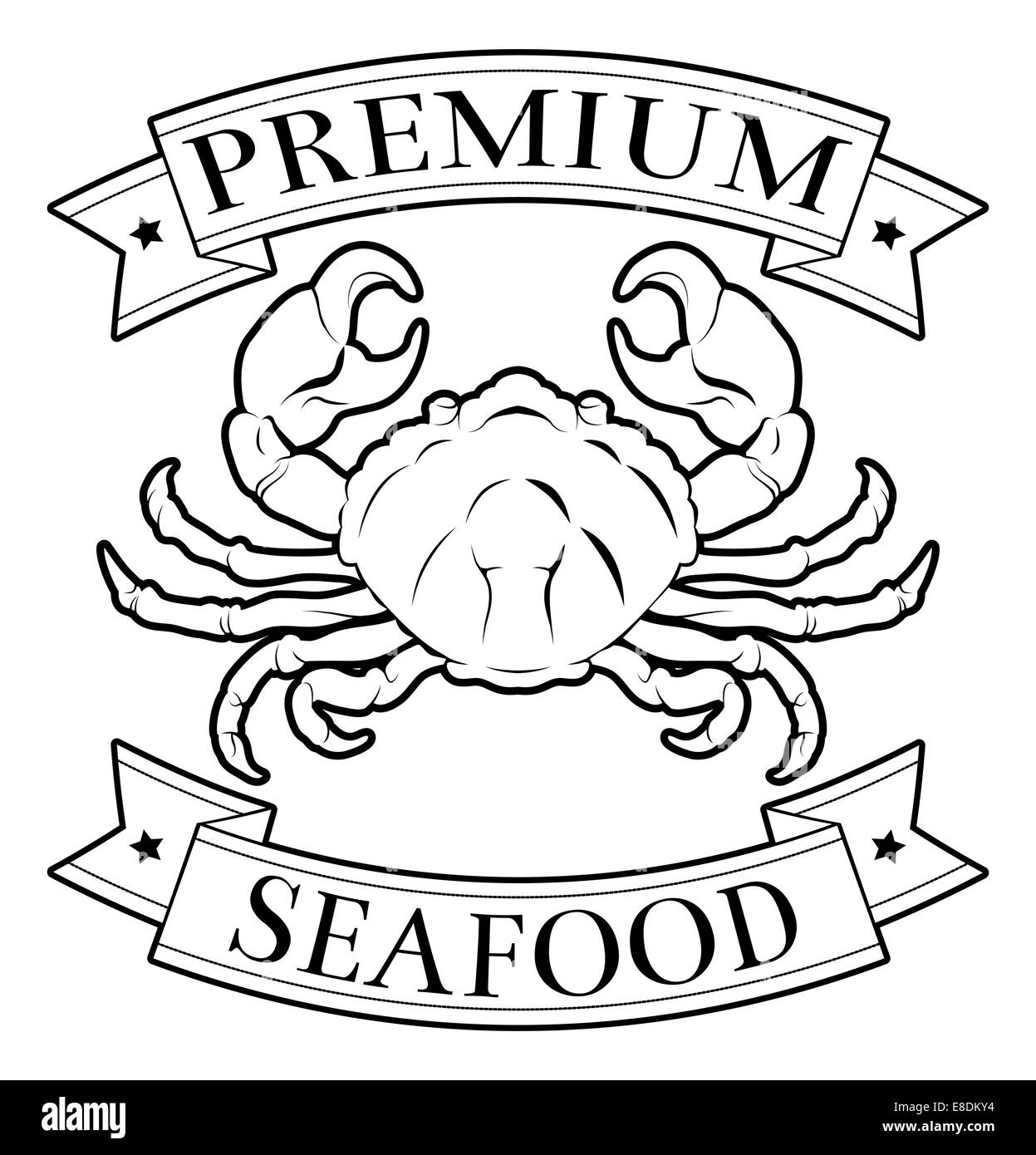 Premium seafood food label featuring an illustration of a crab Stock Photo